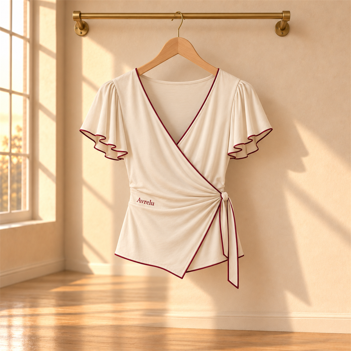 Avrelu Ivory Motion Wrap Top on-body movement view