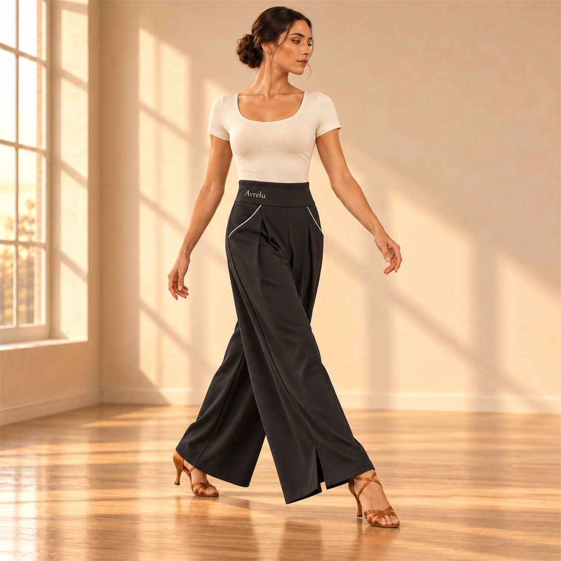 Avrelu Studio Flow Trousers on-body movement view